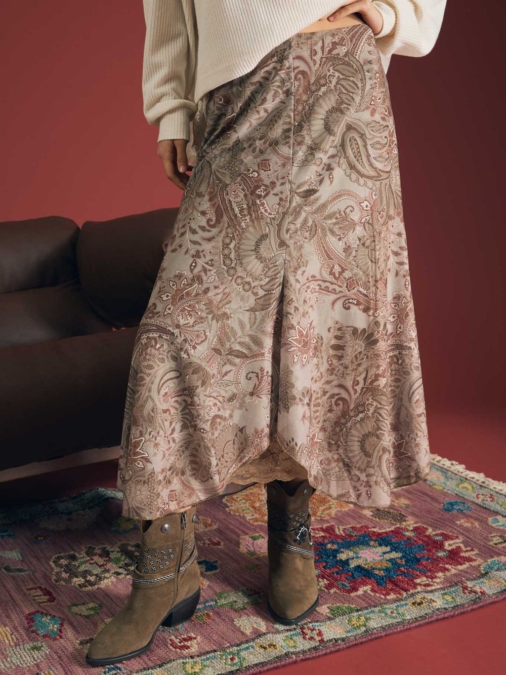 Paisley Satin Midi Skirt in Taupe